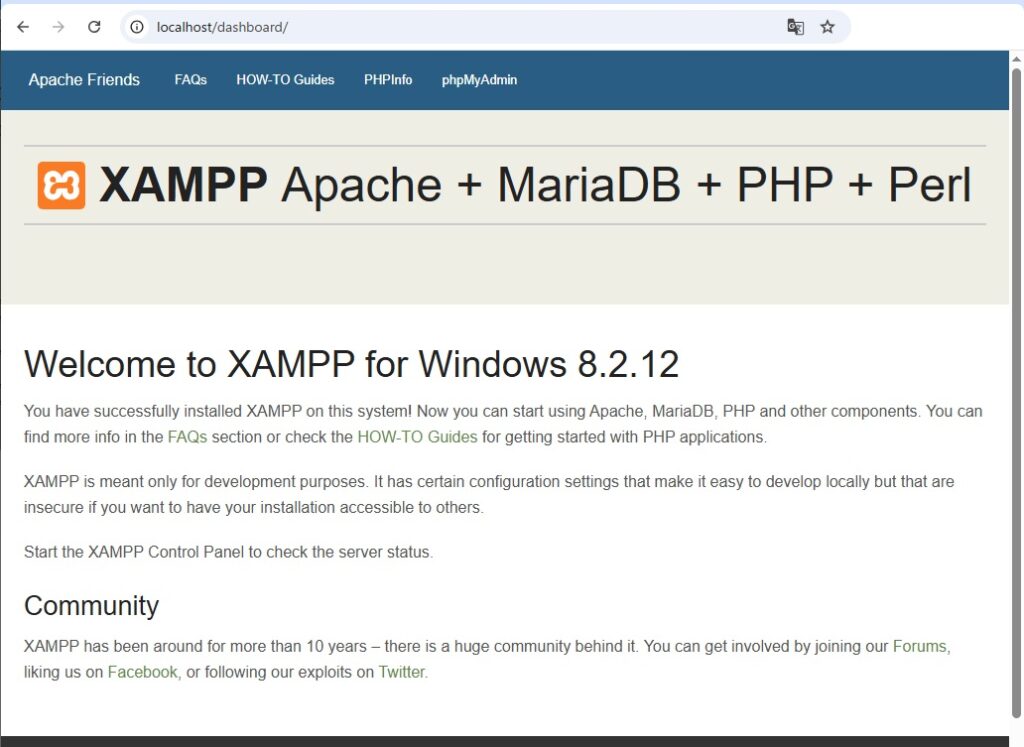 Verifying Apache operation 3. XAMPP welcome page.