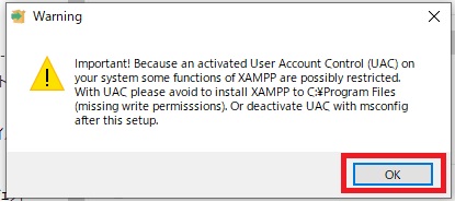 XAMPP Installation Wizard 2. This notice warns you to be careful about where you install this software.