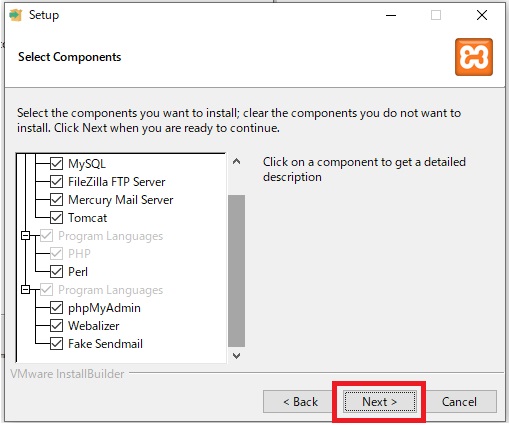 XAMPP Installation Wizard 4. Specifying which features to include in XAMPP